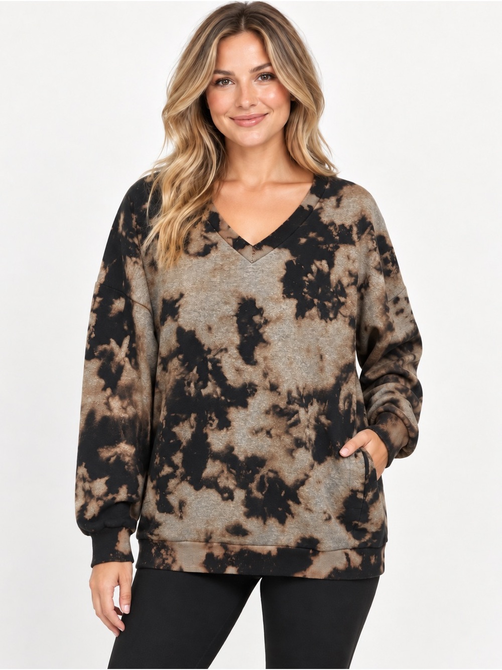 Zenana Oversized Bleach Tie Dye V Neck Pocket Sweatshirt Large
Earthy Grunge